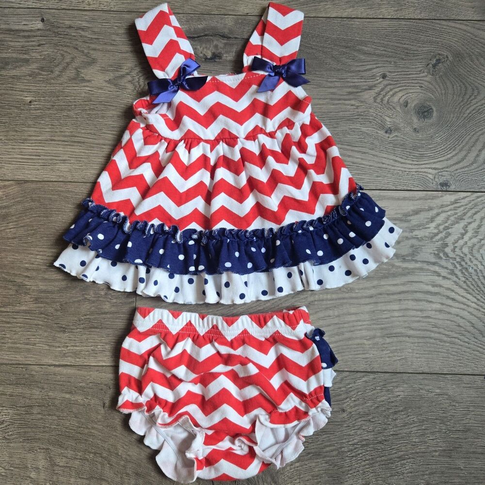 Nursery Rhyme Baby Girl 6M Patriotic Red White Blue Chevron Polka Dot 2pc Set